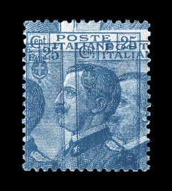 Sassone 83ca, 1908 25c Blue, triple impression, two on the front and one on the reverse, the one on the reverse is rotated counter clockwise about 90 degrees, the two on the
front are of equal intensity and dramatically displaced from each other