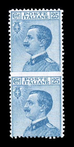 Sassone 83lc, 1908 25c Blue, vertical pair, imperforate between, a mint example of this rare variety that is only priced used in Sassone, bright color and sharp impression on
fresh paper, centered just into the frame at bottom, fine and attracti