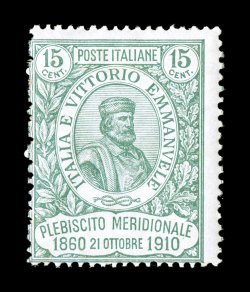Sassone 87-90 1910 5c-15c Garibaldi commemoratives cplt., mint set of four different values, exceptionally fresh with rich colors on bright paper, o.g., n.h., typical fine
centering and quite rare in never hinged condition the two key plebiscit