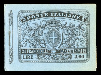 Sassone L2, 1911 15c black gray, re-engraved, complete booklet, an unexploded booklet with four panes of six, inscribed in the margin tab Officina Gov. Carte-valori, Torino on
each pane, covers are crisp and attractive, panes are mostly well c