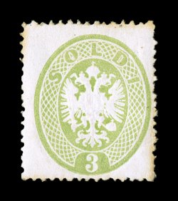 Sassone 37, 1863 3s Green, mint single with bright attractive color and detailed impression on fresh paper, o.g., small h.r., normal faint gum bend from the thick gum found on
this issue, attractive fine centering and very scarce signed A. D(ie
