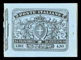 Sassone L3, 1916 Cent. 20 surcharge on 15c black gray, complete booklet, an unexploded booklet with four panes of six, inscribed in the margin tab Officina Gov. Carte-valori,
Torino on each pane, covers are crisp and attractive, one prong of