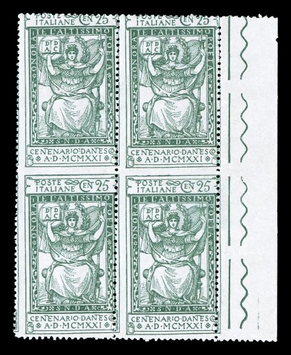 Sassone 117n, 1921 25c Anniversary of the Death of Dante, vertical pair imperforate between, right sheet-margin block of four consisting of two examples of this scarce variety,
the surrounding perforations are also somewhat askew, deep color on
