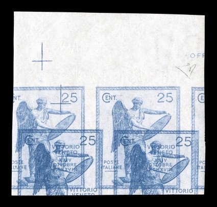 Sassone 122e var., 1921 25c Victory, double impression, imperforate, top sheet margin single (cut the size of a pair but as there is only one full design we have cataloged it as
a single), second impression is centered about half way down and to