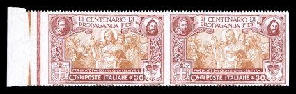 Sassone 132d-34d, 1923 30c-1L Propagation of the Faith, imperforate vertically, the three values that come in this variety cplt., each in a right or left sheet-margin horizontal
pair, colors are bright and attractive, overall well centered for t