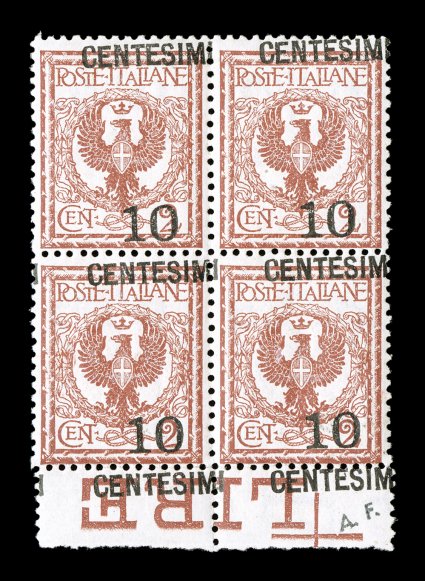 Sassone 138l, 1923 10 Centesimi surcharge on 2c Brown red, shifted surcharge with Centesimi at top and 10 at bottom, bottom sheet-margin block of four, with additional Centesimi
in the selvage below each row, attractive bright color, o.g