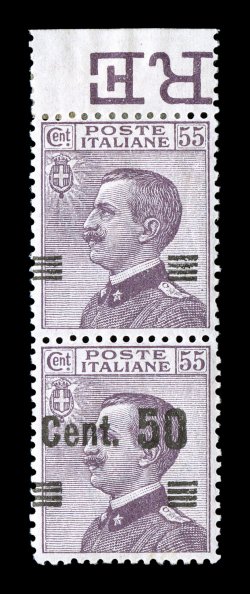 Sassone 140h+k, 1923 Cent. 50 surcharge on 55c Brown violet, shifted surcharge without value, interesting top margin vertical pair with a shifted surcharge that produces a
combination of varieties, the top stamp having only the bars and the bo