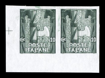 Sassone 141b, 1923 10c March on Rome, imperforate, bottom left corner margin horizontal pair, wide margins all around, intense blackish green color and sharp impression, o.g.,
n.h., extremely fine an exceptionally rare imperforate pair in this