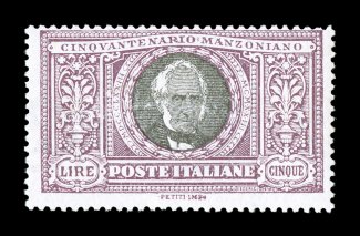 Sassone 151-56, 1923 10c-5L Manzoni cplt., fresh mint set with attractive colors, o.g., n.h., the 5L value is centered close at top as this value is often found, fine-very fine
a scarce set in never hinged quality 5L signed A. D(iena) and acco