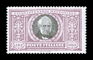 Sassone 151-56, 1923 10c-5L Manzoni cplt., attractive set that overall is quite well centered for this issue, especially the key 5L value which has large margins, in addition
all but the 10c have inverted watermarks, o.g., lightly hinged, fine-v