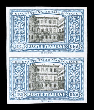 Sassone 155d, 1923 1L Manzoni, imperforate, exceptionally rare vertical pair with full original gum that is never hinged, extra-large balanced margins all around, bright colors
and especially crisp impressions, extremely fine examples of th