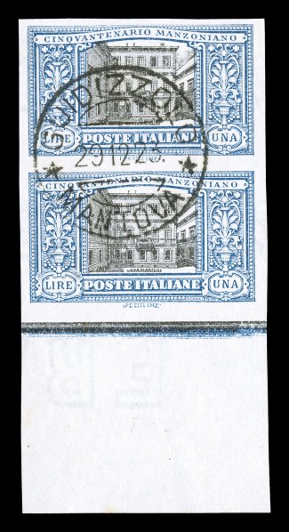Sassone 155d, 1923 1L Manzoni, imperforate, an impressive bottom sheet-margin vertical pair with exceptionally large bottom sheet margin, other margins are especially large and
balanced as well, attractive colors and impressions on bright fresh