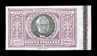 Sassone 156d, 1923 5L Manzoni, imperforate, right sheet-margin single with large even margins on the other three sides also, rich colors and sharp impressions, fresh bright
paper, o.g., n.h., small unobtrusive corner crease at bottom right in th