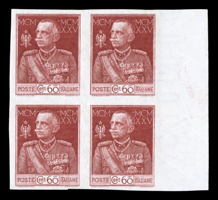 Sassone 186e, 1925 60c King Victor Emmanuel, imperforate, attractive right-sheet margin imperforate block of four, rich color and prooflike impression, o.g., n.h., very fine and
choice (Scott 175b $750.00).
