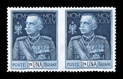 Sassone 187k, 1926 1L King Victor Emmanuel, perforated 13 12, horizontal pair imperforate between, attractive example of this rare variety, exceptionally well centered, rich
deep color and sharp impression, o.g., n.h., choice very fine and an e