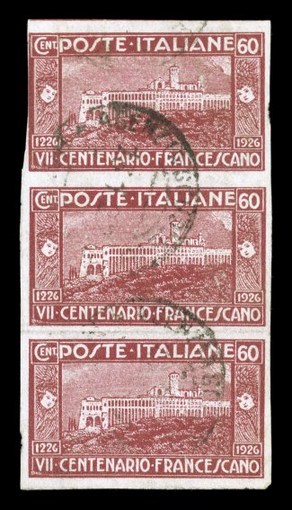 Sassone 195c, 1926 60c Saint Francis of Assisi, imperforate, used vertical strip of three, large margins on the bottom pair, close but clear at top left, attractive color, neat
fold precisely between the bottom two stamps, fine-very fine and a s