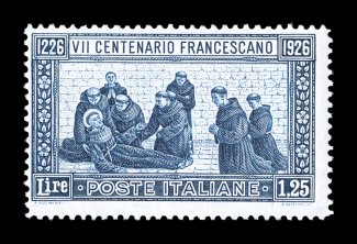 Sassone 196, 1926 1.25L Saint Francis of Assisi, perf. 13 12, fresh mint single, rich color and sharp impression, o.g., n.h., attractive fine centering a scarce stamp with this
perforation (Scott 182a $1,100.00).