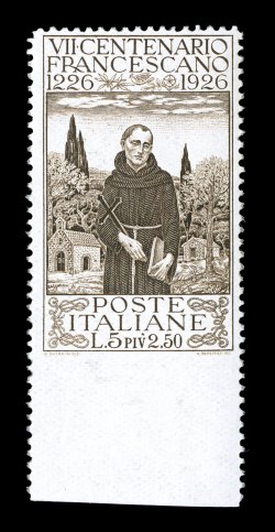 Sassone 197e, 1926 5L+2.50L Saint Francis of Assisi, imperforate at bottom, attractive bottom sheet-margin single imperforate between the stamp and the selvage, fresh and well
centered, deep color and sharp impression, o.g., n.h., very fine unl