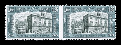 Sassone 208c, 1926 1.25L+60c Militia semi-postal, horizontal pair, imperforate between, a fresh example of this scarce variety, strong deep colors and detailed impression, o.g.,
n.h., usual fine centering rare in never hinged condition unliste