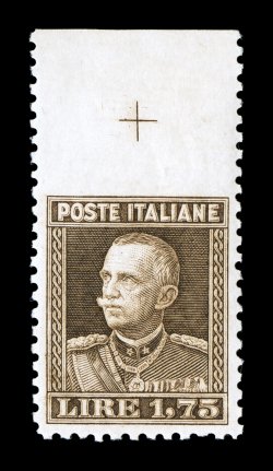 Sassone 214e, 1927 1.75L Brown, perforated 11, imperforate at top, a lovely top sheet-margin single that is imperforate between the stamp and the selvage, amazingly well
centered, intense rich color and prooflike impression, o.g., n.h., extremel