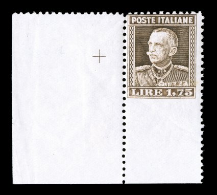 Sassone 214e, 1927 1.75L Brown, perforated 11, imperforate at bottom, large bottom left corner margin single, imperforate between the stamp and the selvage, o.g., hinged in the
left selvage only, the variety is n.h., normal fine centering not l