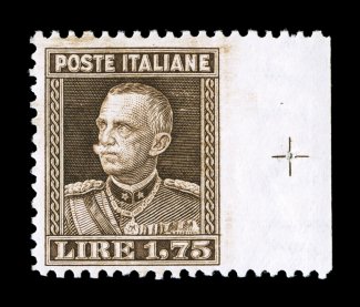 Sassone 214g, 1927 1.75L Brown, perforated 11, imperforate at right, handsome right sheet-margin single with registration lines in the selvage, imperforate between the stamp and
the selvage, well centered, intense rich color and sharp impression