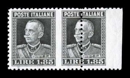 Sassone 215k, 1927 1.85L Slate, horizontal pair imperforate in the center and at right with vertical perforations in the center of the right stamp, a most unusual and scarce
perforation variety, intense deep color and sharp impression, o.g., n.h