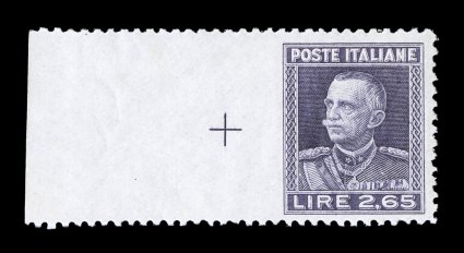 Sassone 217g, 1927 2.65L Violet, imperforate at left, impressively large left sheet-margin single that is imperforate between the stamp and the selvage, exceptionally well
centered, rich color and strong impression, o.g., lightly hinged, choice