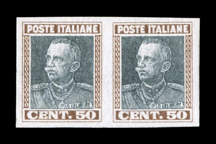 Sassone 218h, 1927 50c Brown and gray, imperforate, well margined horizontal pair with large margins all around, fresh colors on bright paper, o.g., lightly hinged, very fine
(Scott 192a $420.00).
