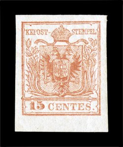 Sassone 6a, 1852 15c Light red on handmade paper, Ty. III, lovely mint single with large to extraordinarily large margins showing a portion of the bottom sheet margin, fresh
bright color and nice impression, full clean o.g. that is lightly hinge