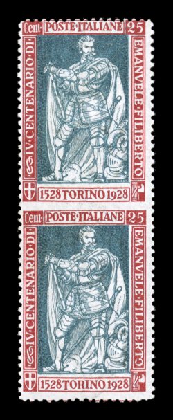 Sassone 227n, 1928 25c Emmanuel Philibert, vertical pair imperforate between, handsome example of this scarce difficult variety, fairly well centered for this, rich colors on
bright paper, o.g., n.h., nearly very fine quite rare in never hinged