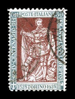 Sassone 228b, 1927 30c Emmanuel Philibert, perforated 11x13 12, a scarce used example of this combination perforation, actually exceptionally well centered for this, strong rich
colors and impressions, unobtrusive c.d.s. postmarks, very fine n