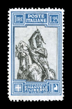 Sassone 235I, 1928 1.25L Emmanuel Philibert, line perforated 13 34, an unusually well centered mint single of this rare perforation, intense deep colors and strong impressions
on bright white paper, o.g., lightly hinged, very fine and not at a