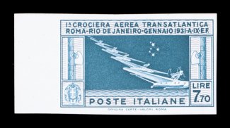 Sassone PA25P, 1930 7.70L Transatlantic Squadron, archival plate proof, ungummed as issued, left sheet-margin single, imperforate with large to extra-large margins, bright and
attractive, very fine not listed in Scott.