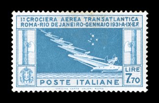 Sassone PA25a, 1930 7.70L Transatlantic Squadron, seven stars instead of six, position 22 in the first pane of 50 (one example for every 200 stamps printed), well centered
example of this popular plate variety, bright colors, o.g., lightly hinge