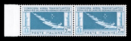 Sassone PA25, 25a, 1930 7.70L Transatlantic Squadron, seven stars instead of six, handsome left sheet-margin horizontal pair, the right stamp being the variety, positions 21-22,
exceptionally well centered, crisp with bright colors and full even