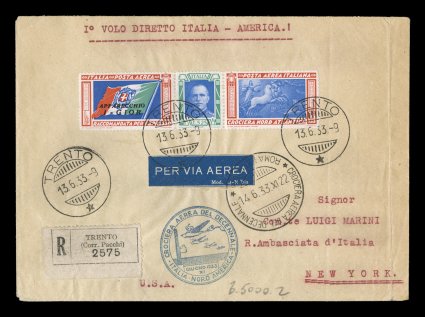 Sassone PA51G, 1933 5.25L+19.75L Balbo North Transatlantic Flight with ApparecchioI-Gior overprint, registered flown cover on the leg from Rome to Amsterdam, triptych tied by
two strikes of Trento13.6.33 c.d.s., special Rome transit for the
