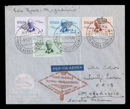 Sassone PA83-86, 1934 1L-5L King Victor Emmanuel Birthday, four well centered values on a special flown cover for the Rome to Mogadiscio flight celebrating the birthday of King
Victor Emmanuel, all tied by three clear strikes of the RomePosta