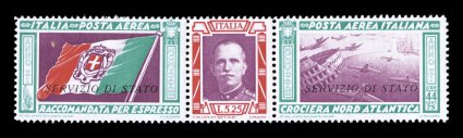 Sassone SA1, 1933 5.25L+44.75L Balbo North Transatlantic Flight air post official with Sevizio di Stato overprint, another attractive example of this air post official triptych,
crisp and intact with bright colors, o.g., trace of h.r., very fi