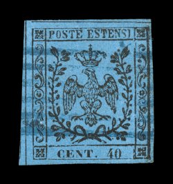 Sassone 5, 1852 40c Black on pale blue, attractive used example of this scarcer color neatly complemented with blue six-line cancel, well clear to large margins showing full
dividing lines at top and left, very fine and choice signed A. Bru