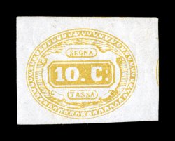 Sassone S1, 1863 10c Yellow, impressive mint example of this first postage due, extraordinarily wide even margins all around, brilliant clear yellow color, plus possessing full
early original gum, lightly hinged, extremely fine an unusually cho