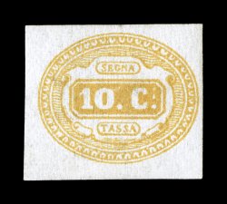 Sassone S1a, 1863 10c Ocher, attractive four-margined single with large margins all around, bright color on fresh white paper, full o.g., very lightly hinged, very fine a
difficult stamp to acquire in original gum condition signed A. D(iena) a