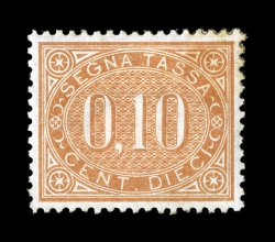 Sassone S2, 1869 10c Orange brown, the most incredibly well centered mint example of this rare postage due that we have ever encountered, being perfectly centered within precise
large margins, in addition it is surrounded by full even perforatio