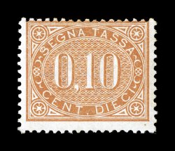 Sassone S2, 1869 10c Orange brown, a post office fresh mint single of this early postage due, brilliant rich color and striking white paper, full flawless original gum that is
never hinged, centered to the frame line at top with balanced e