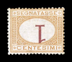 Sassone S3b, 1870 1c Ocher and carmine, inverted numeral, a rare mint example of this popular error, bright fresh colors, fairly well centered for this notoriously poorly
centered postage due issue, plus full even perforations, o.g., lightly hin