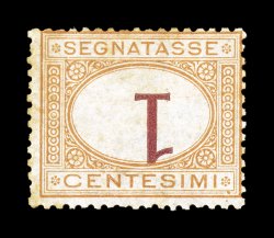 Sassone S3b, 1870 1c Ocher and carmine, inverted numeral, another mint single of this postage due rarity, attractive with rich colors on bright paper, o.g., h.r., mild perf.
toning, fine and rare the centering of this and other copies, which ar