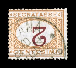 Sassone S4b, 1870 2c Ocher and carmine, inverted numeral, attractive used single of this rare error, fresh deep colors on bright paper, neatly cancelled with a portion of an
1884 c.d.s., normal fine centering an elusive error which is normally