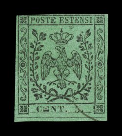 Sassone 7l, 1852 5c Black on green, E sideways in Cent, an unusual and extremely rare typographic error, virtually clear to large margins showing full dividing line at bottom,
barely touching at top left, very lightly cancelled in the bottom
