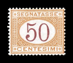 Sassone S9, 1870 50c Ocher and carmine, an exceptionally attractive mint single of the early printing of this value in the lighter ocher color, especially bright colors on fresh
white paper, o.g., h.r., actually much better centered than usual,