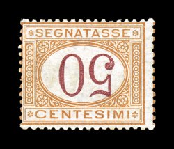Sassone S9b, 1870 50c Ocher and carmine, inverted numeral, the phenomenally rare error of the early postage due printing, attractive colors in the early printing shade of the
ocher frame, o.g., h.r., trivial gum tone speck of no consequence, usu